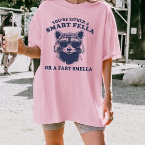 May include: A light pink t-shirt with the text "YOU'RE EITHER A SMART FELLA OR A FART SMELLA" and a raccoon wearing sunglasses graphic in navy blue. The shirt is a casual, oversized fit.