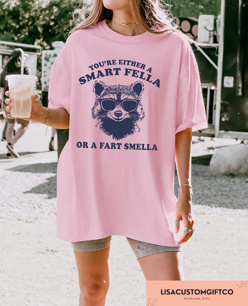May include: A light pink t-shirt with the text "YOU'RE EITHER A SMART FELLA OR A FART SMELLA" and a raccoon wearing sunglasses graphic in navy blue. The shirt is a casual, oversized fit.