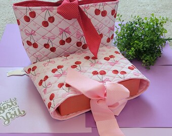 Pink Cherry Quilted Bible Sleeve: Bow Accent Christian Gift