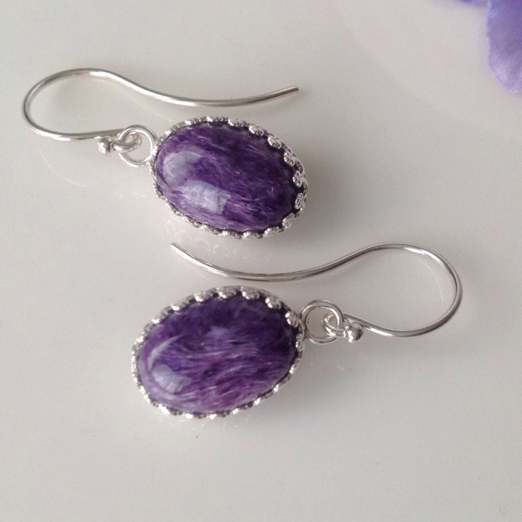 Purple Charoite dangle hook earrings