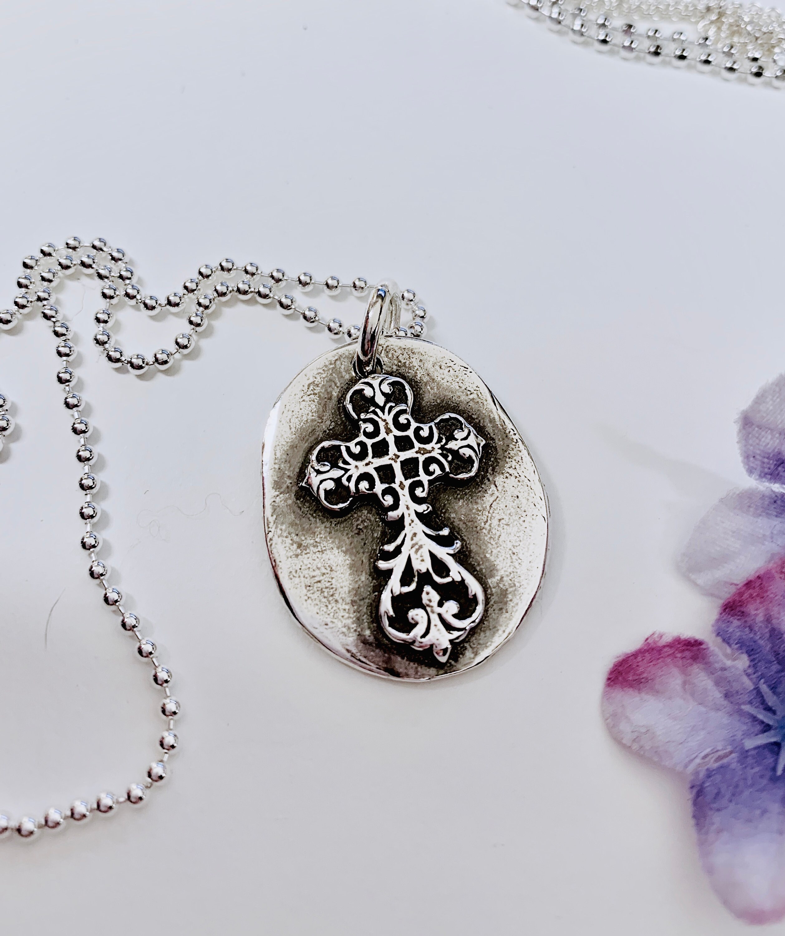 Medium Sterling ornate cross Pendant, organic cross, Sterling silver cross