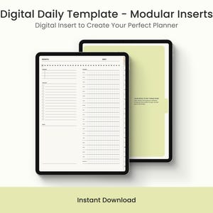 Pode incluir: Dois tablets pretos exibindo um modelo diário digital com inserções modulares. O modelo inclui seções para controle de tempo e listas de tarefas. O texto "Digital Daily Template - Modular Inserts" e "Instant Download" são visíveis.