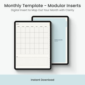 May include: A black and white digital monthly planner template with a grid layout. The template is designed to help you map out your month with clarity. The text "Monthly Template - Modular Inserts" and "Digital Insert to Map Out Your Month with Clarity" is at the top of the image. The text "Instant Download" is at the bottom of the image.