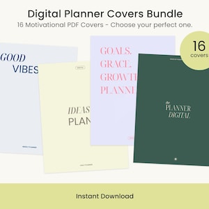 May include: A bundle of digital planner covers with motivational quotes. The image shows four planner covers in different colors: light blue with "GOOD VIBES", pale yellow with "IDEAS PLAN", light purple with "GOALS. GRACE. GROWTH. PLANNER", and dark green with "the PLANNER DIGITAL".