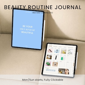 Diario digital de rutina de belleza: seguimiento del cuidado de la piel y el maquillaje para GoodNotes iPad. Planificador de autocuidado sin fecha en PDF.