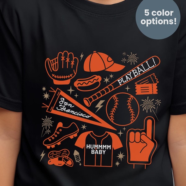 Camiseta infantil de béisbol de San Francisco, idea de regalo para aficionados a los deportes de SF, camiseta para amantes del béisbol para niños, ropa de juego, equipación de equipo de béisbol juvenil