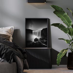 Waterfall Print, Night Sky Art, Starry Night Print, Waterfall Wall Art, Black and White Wall Art, Monochrome  Wall Art