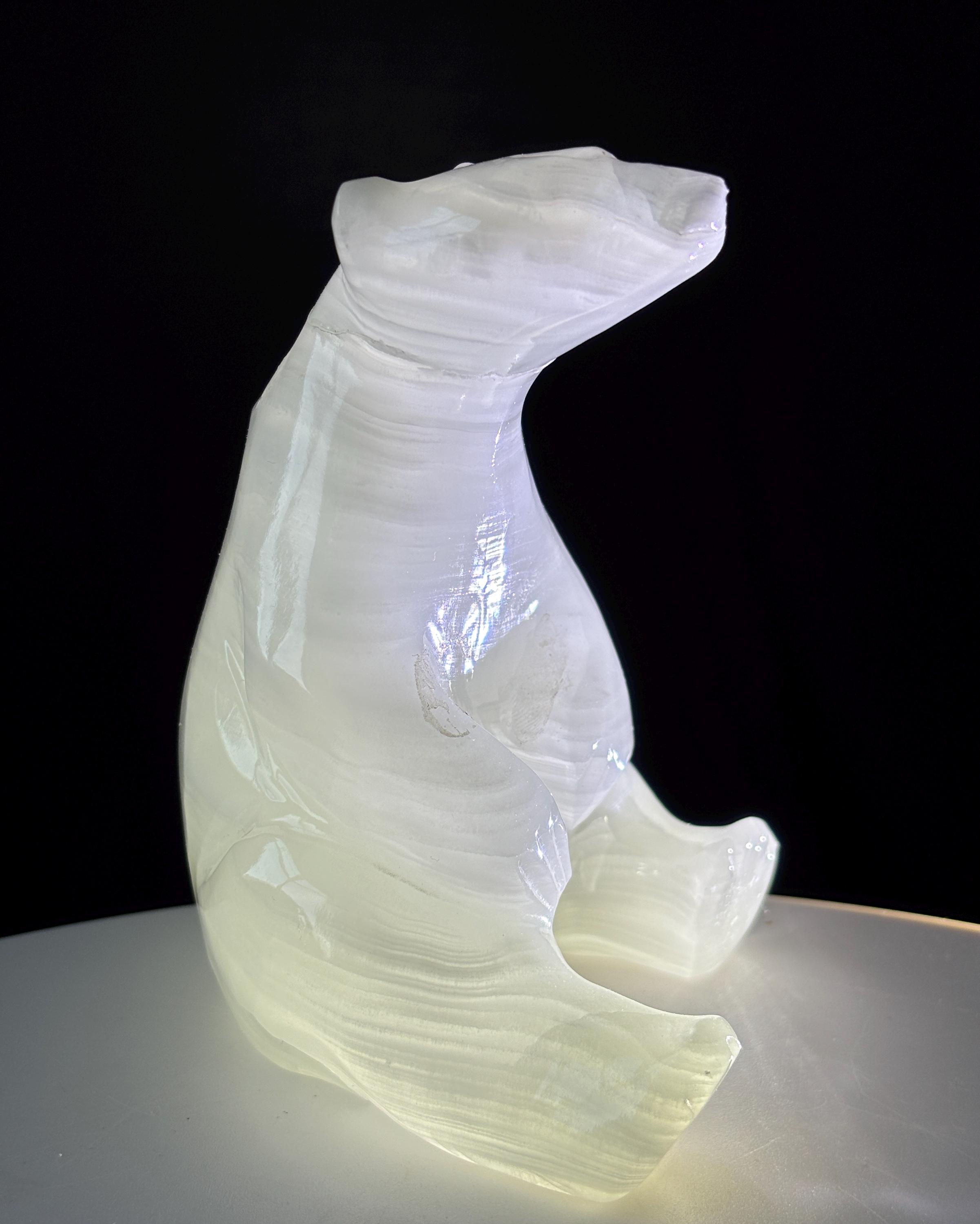 Hand Carved White Onyx Sitting Bear: UV Reactive Banded Stone