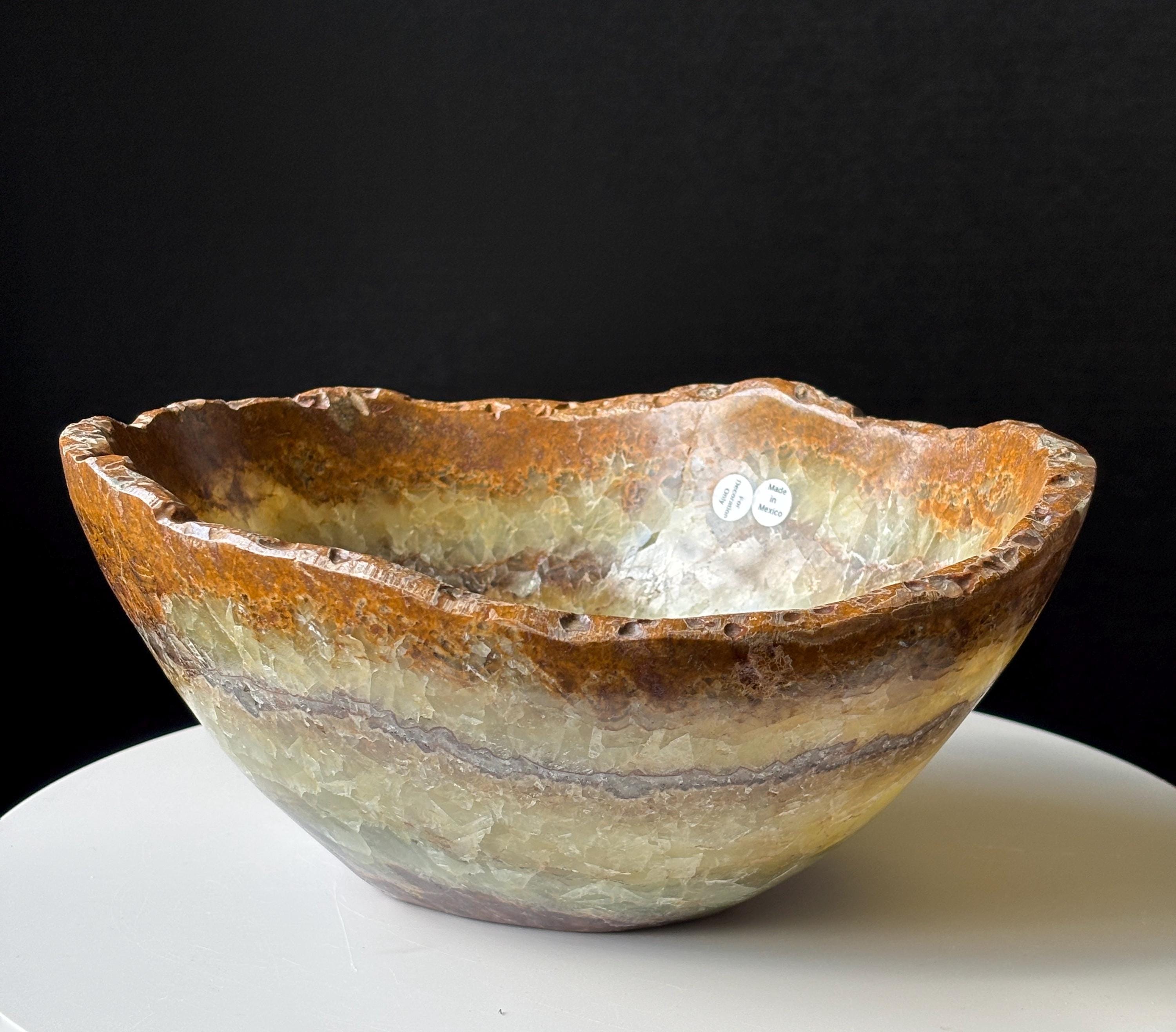 Hand Carved Serpentine Onyx Bowl: Raw Edge Mexican Top Grade