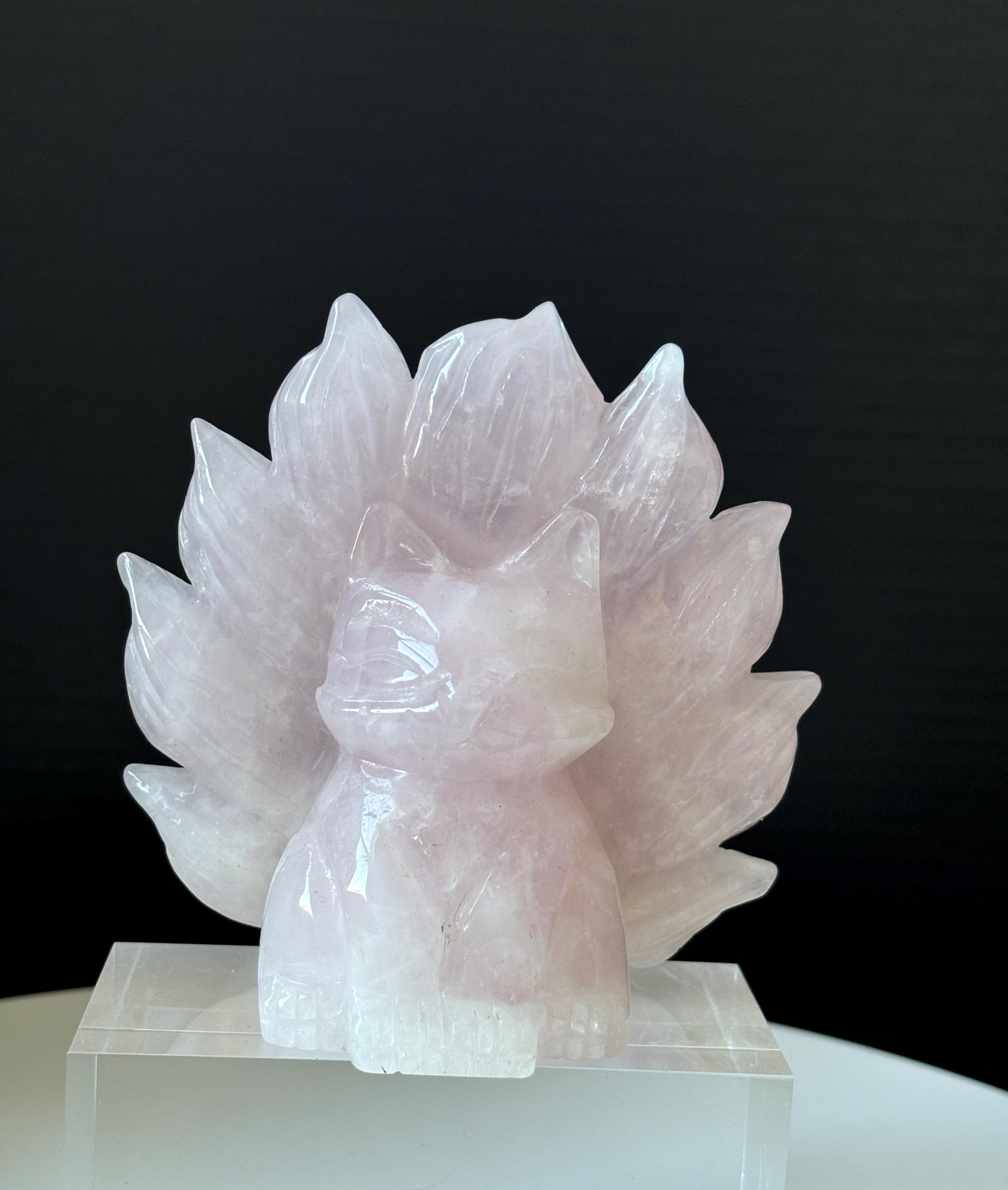 Rose Quartz Nine Tailed Fox Crystal Carving, Natural Hand Crafted