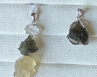 Raw Moldavite Pendant: Herkimer Diamond & Libyan Desert Glass, 925 Silver