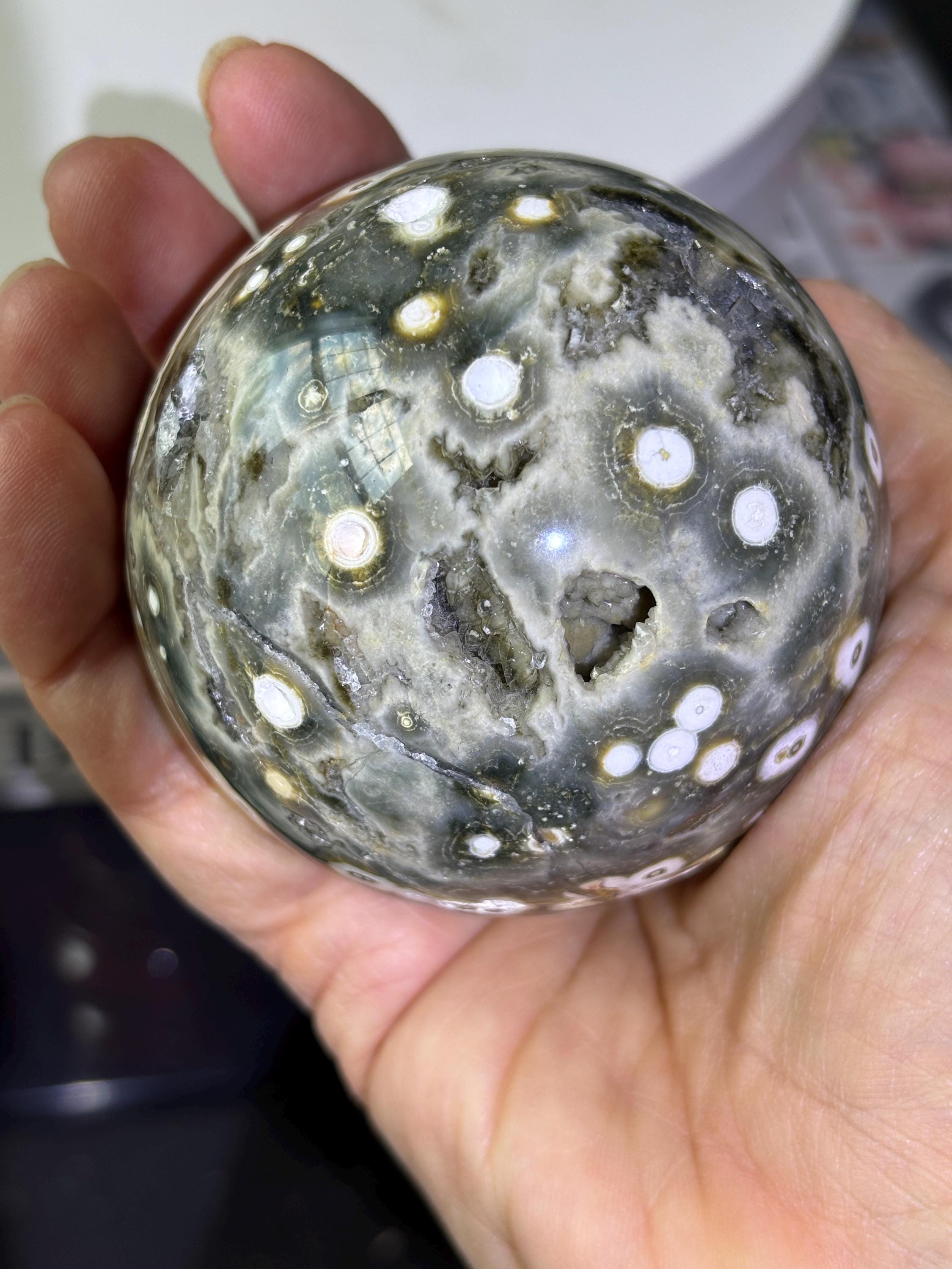 Druzy Ocean Jasper Crystal Sphere: Eighth Vein Orbicular Pattern