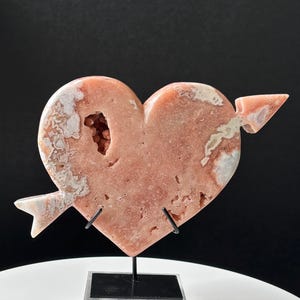 Pink Amethyst Druzy Heart with Arrow: Brazilian Crystal Carving on Stand