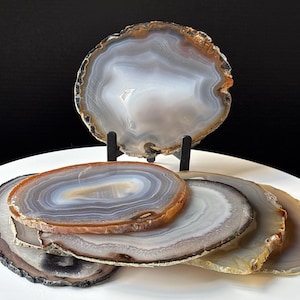 May include: A collection of polished agate slices featuring concentric bands of gray, white, and amber tones. One slice is displayed upright on a black metal stand, while the others are layered horizontally, showcasing natural crystalline edges.
