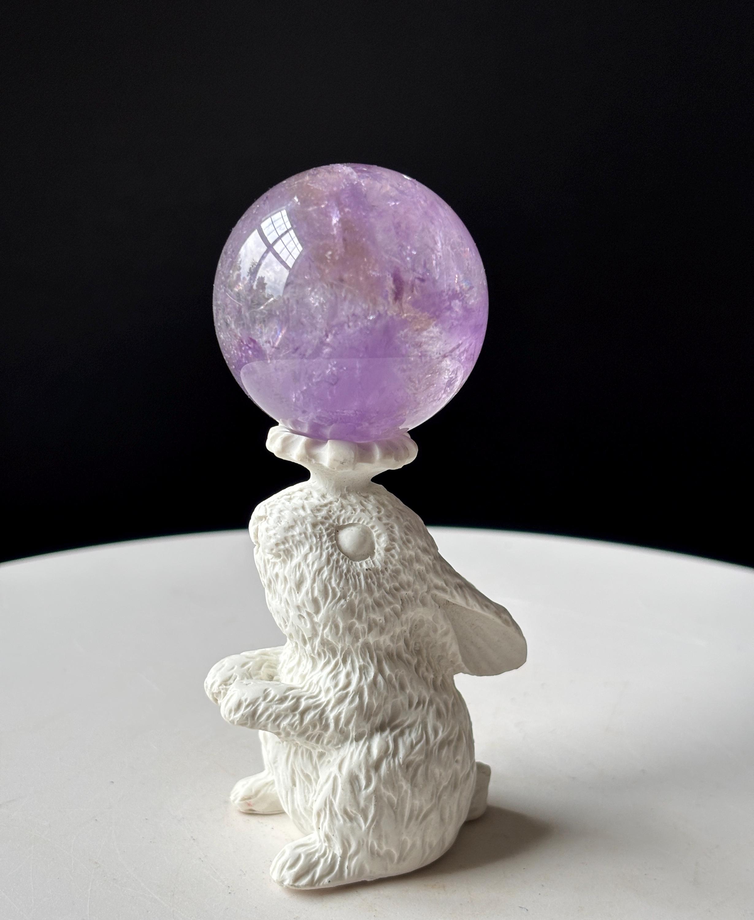 White Baby Bunny Sphere Holder: Crystal Sphere Stand - Resin 