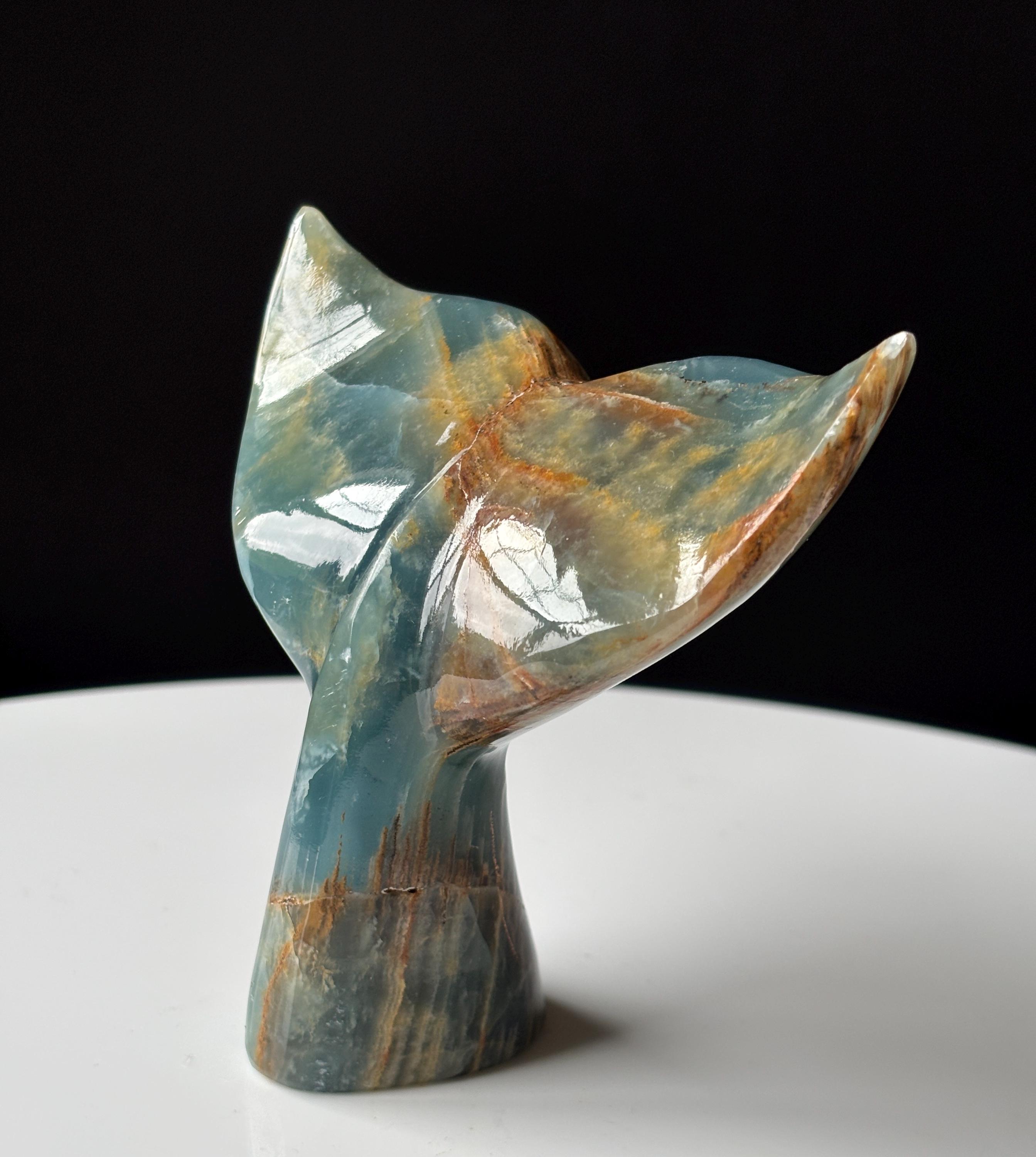 Hand Carved Blue Onyx Whale Tail: Mexican Onyx Crystal Humpback