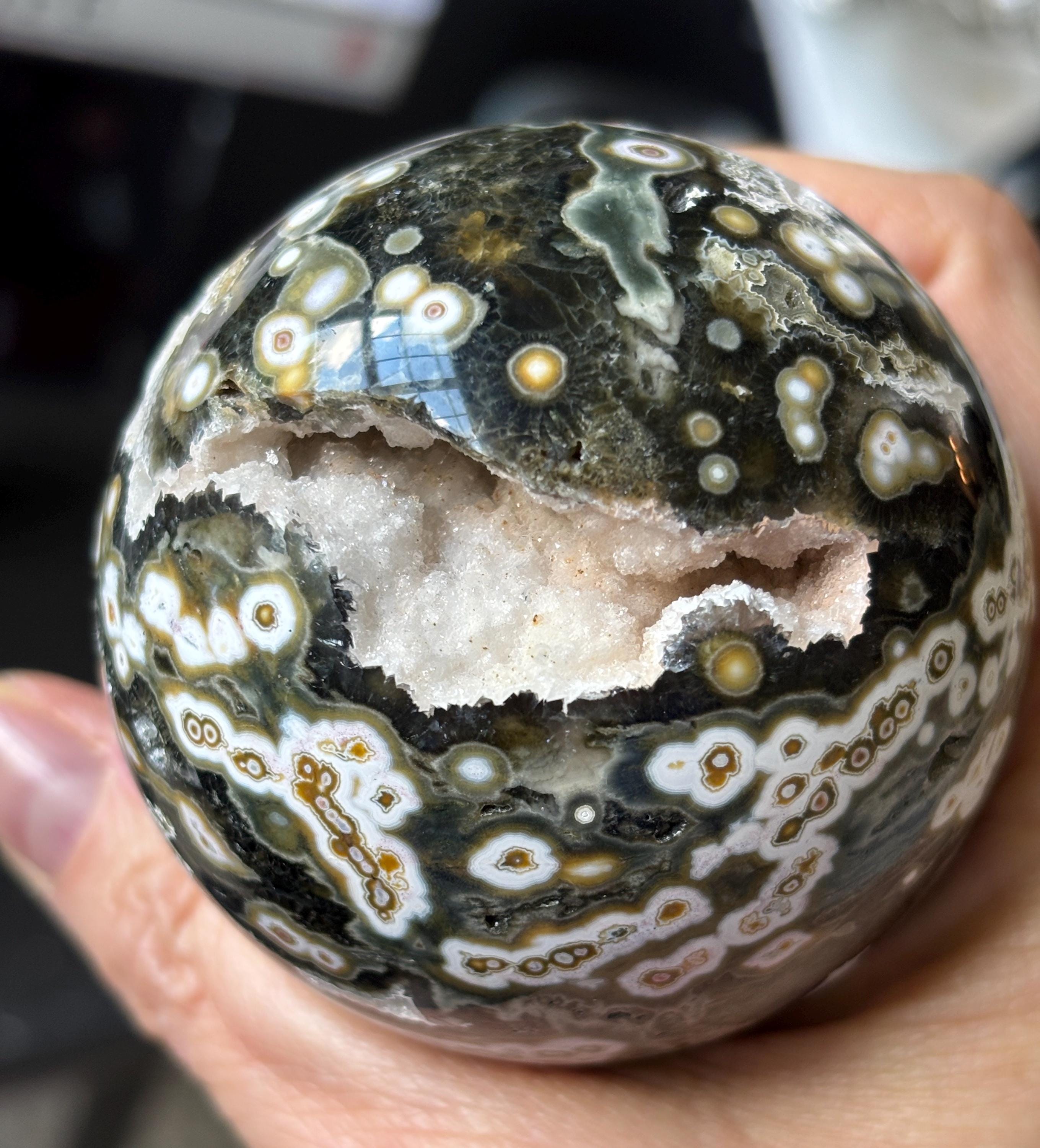 Druzy Ocean Jasper Crystal Sphere: Eighth Vein Orbicular Pattern