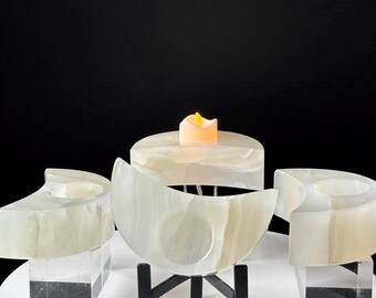 Natural Mexican White Onyx Stone Moon Carved Candle Holder - Banded White Onyx Votive Holder - High Quality - Home Decor - Natural Crystal