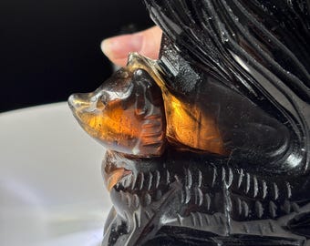 氷の黒曜石九尾狐クリスタル彫刻 - 天然クリスタル - 神話の生き物