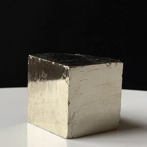 May include: A natural pyrite mineral specimen shaped as a cubic crystal. The stone features a metallic, brassy gold luster with distinct, flat, reflective surfaces and sharp, geometric edges that form a solid, three-dimensional square block shape.