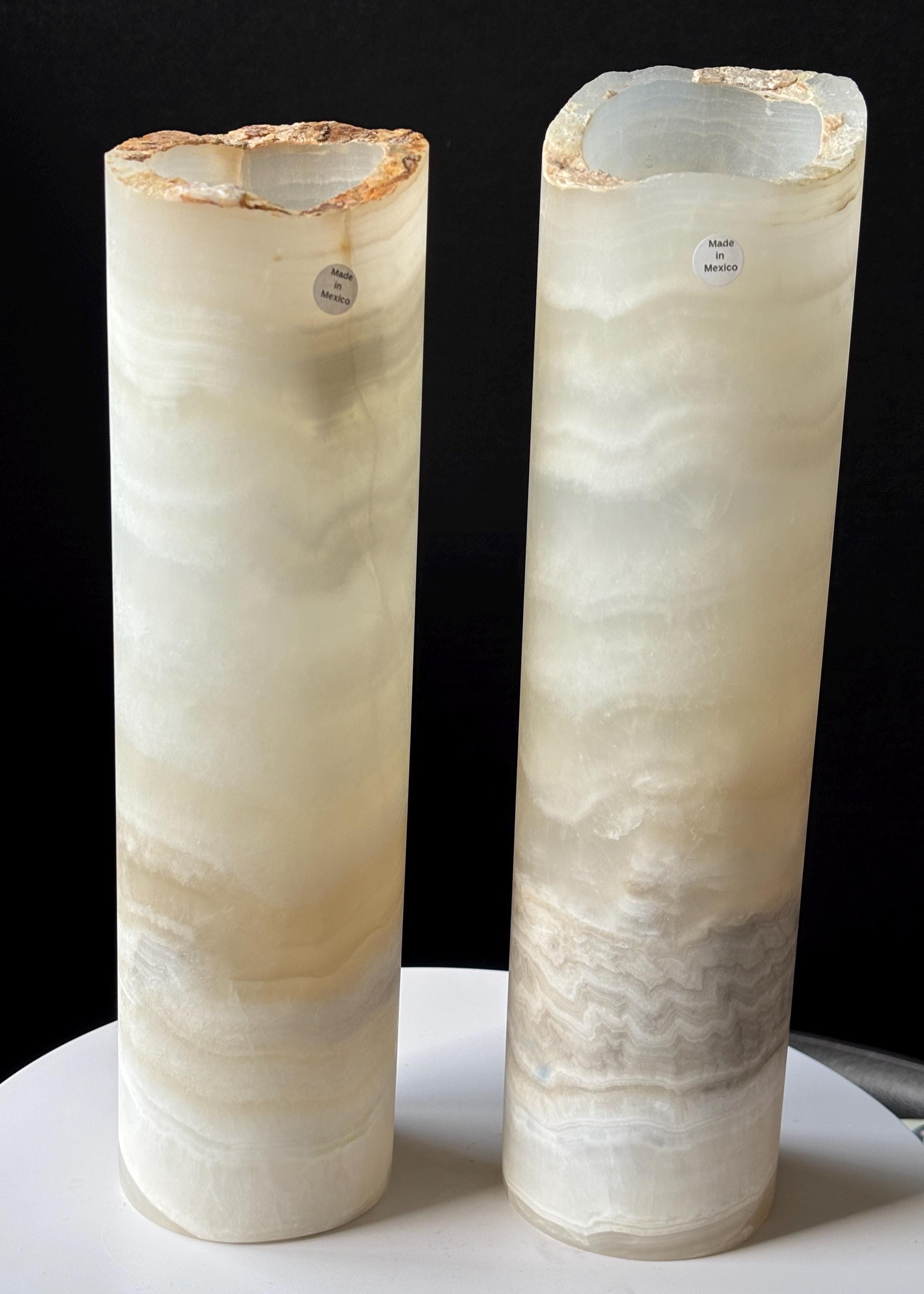 Mexican White Onyx Stone Cylindrical Table Lamp - Banded White Onyx Light - High Quality - Home Decor - Raw Edges