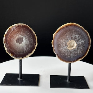 Geode di agata druzy brasiliana su supporto: agata fasciata intagliata a mano