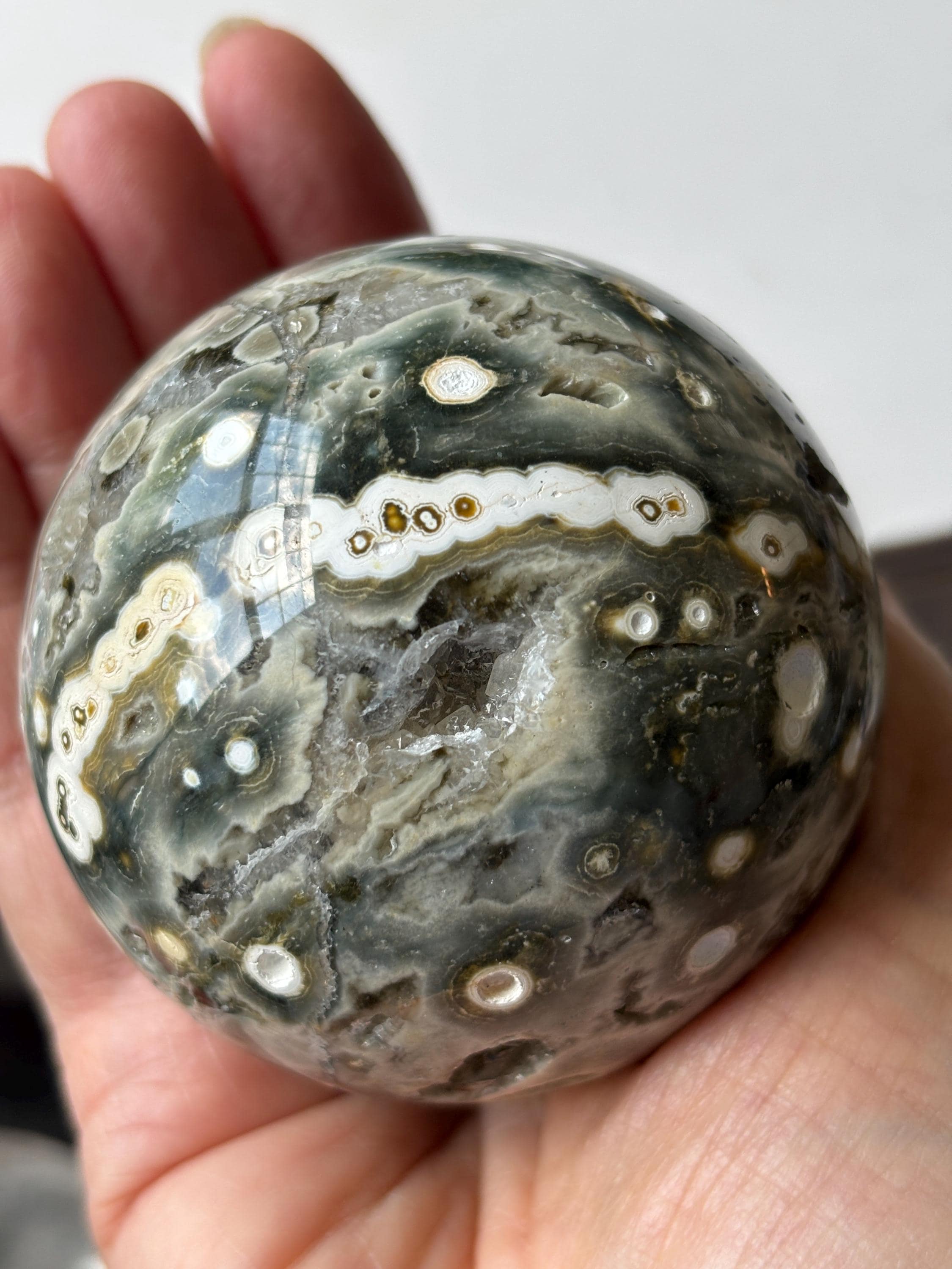 Druzy Ocean Jasper Crystal Sphere: Eighth Vein Orbicular Pattern