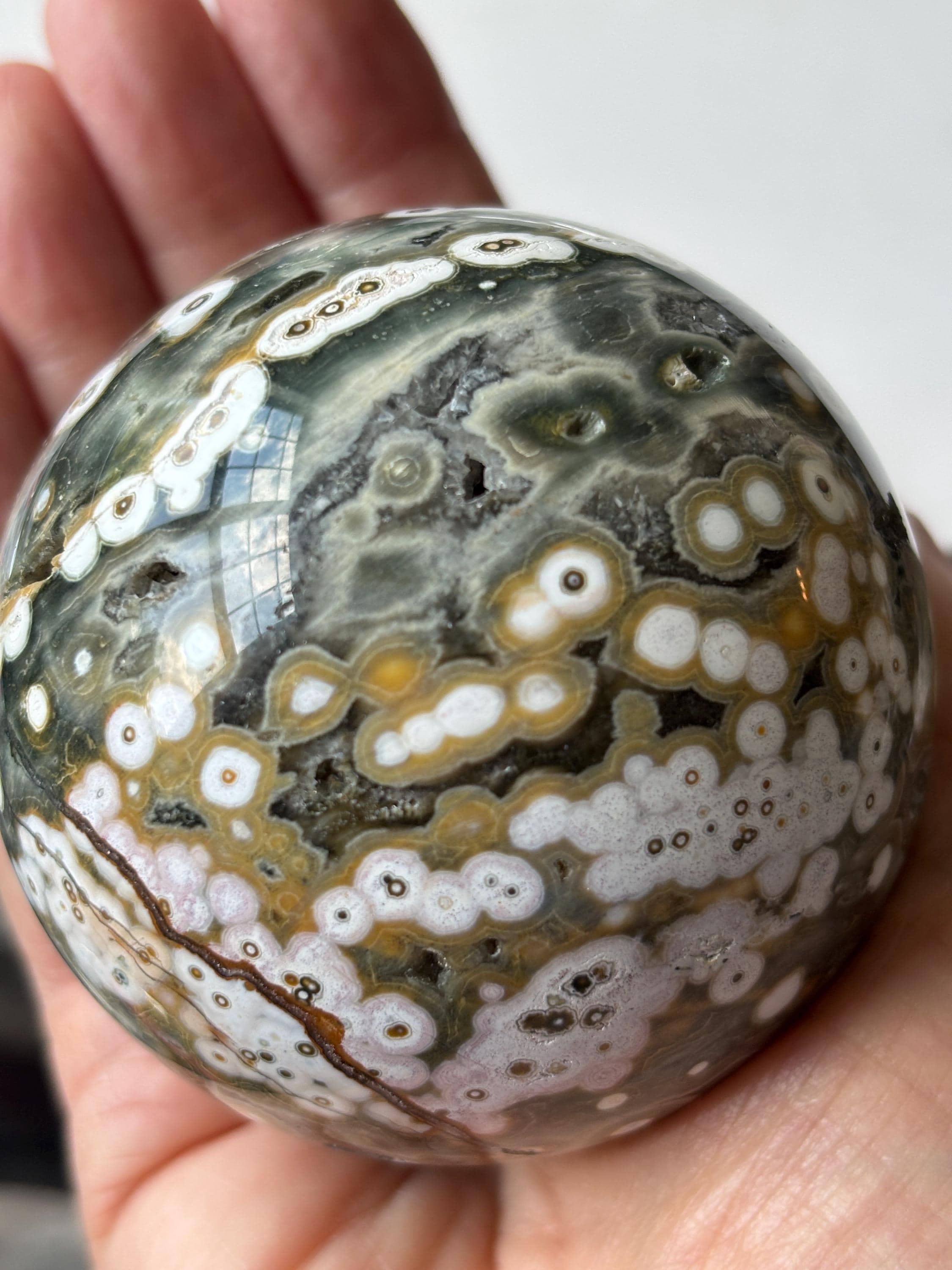 Druzy Ocean Jasper Crystal Sphere: Eighth Vein Orbicular Pattern