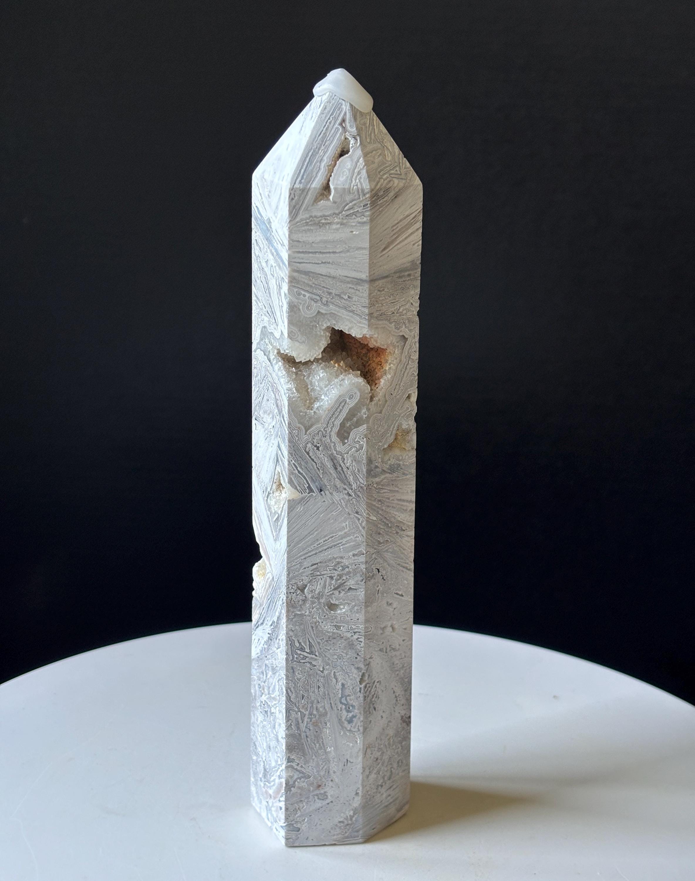 White Mexican Crazy Lace Agate Tower: Druzy Lattice Agate Crystal