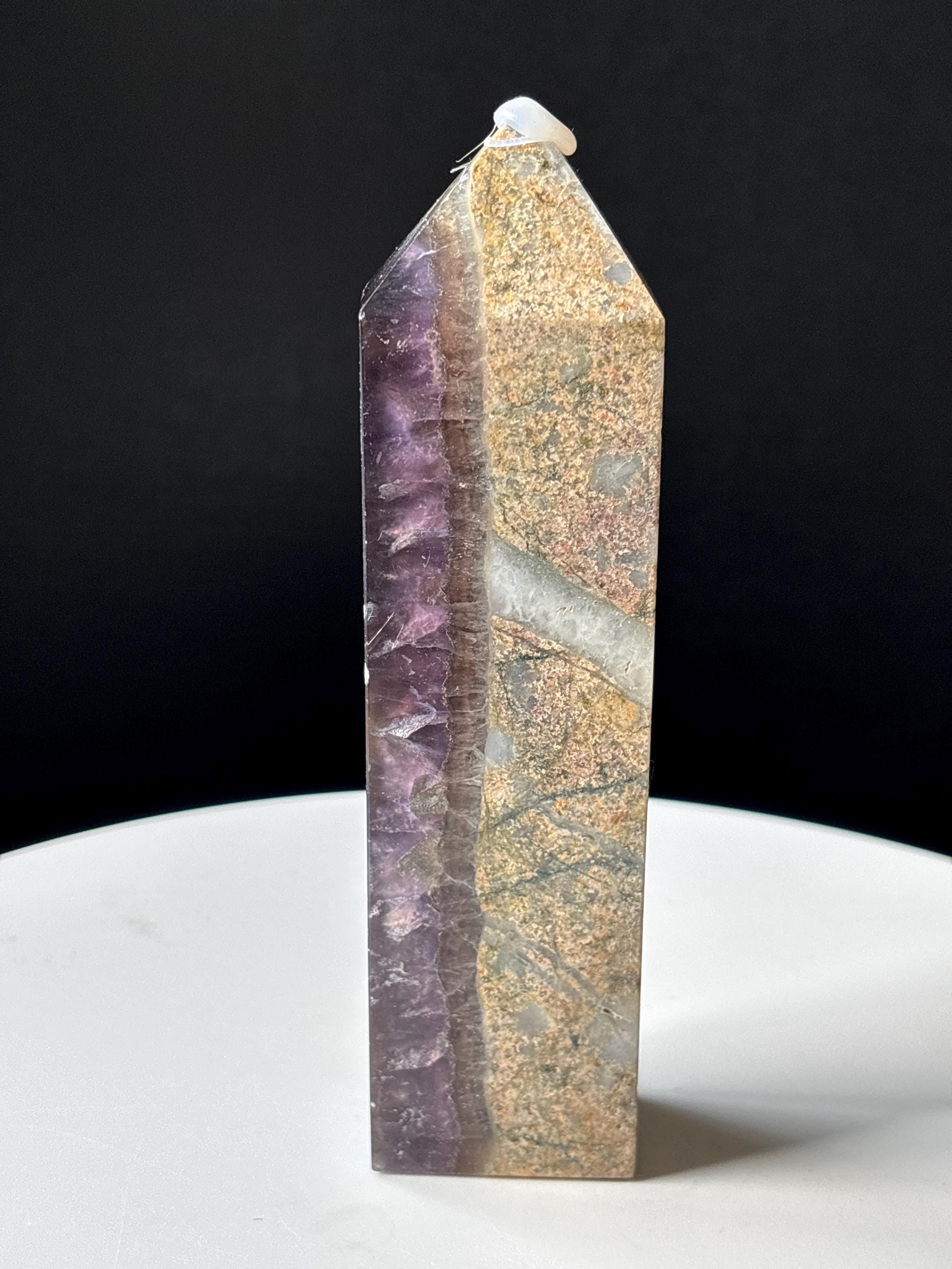 Hand Carved Purple Root Fluorite Tower: XL Silky UV Reactive