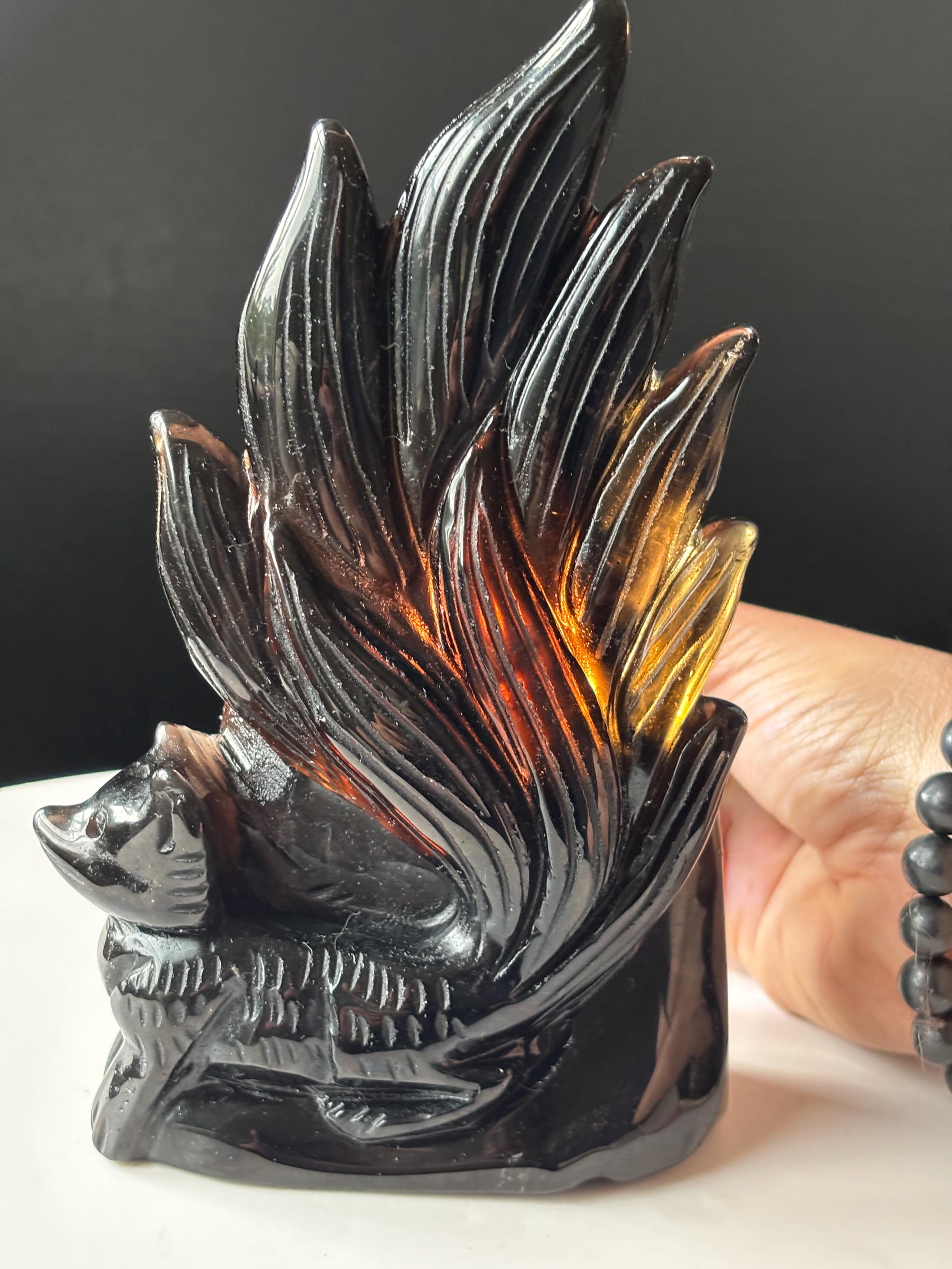 氷の黒曜石九尾狐クリスタル彫刻 - 天然クリスタル - 神話の生き物