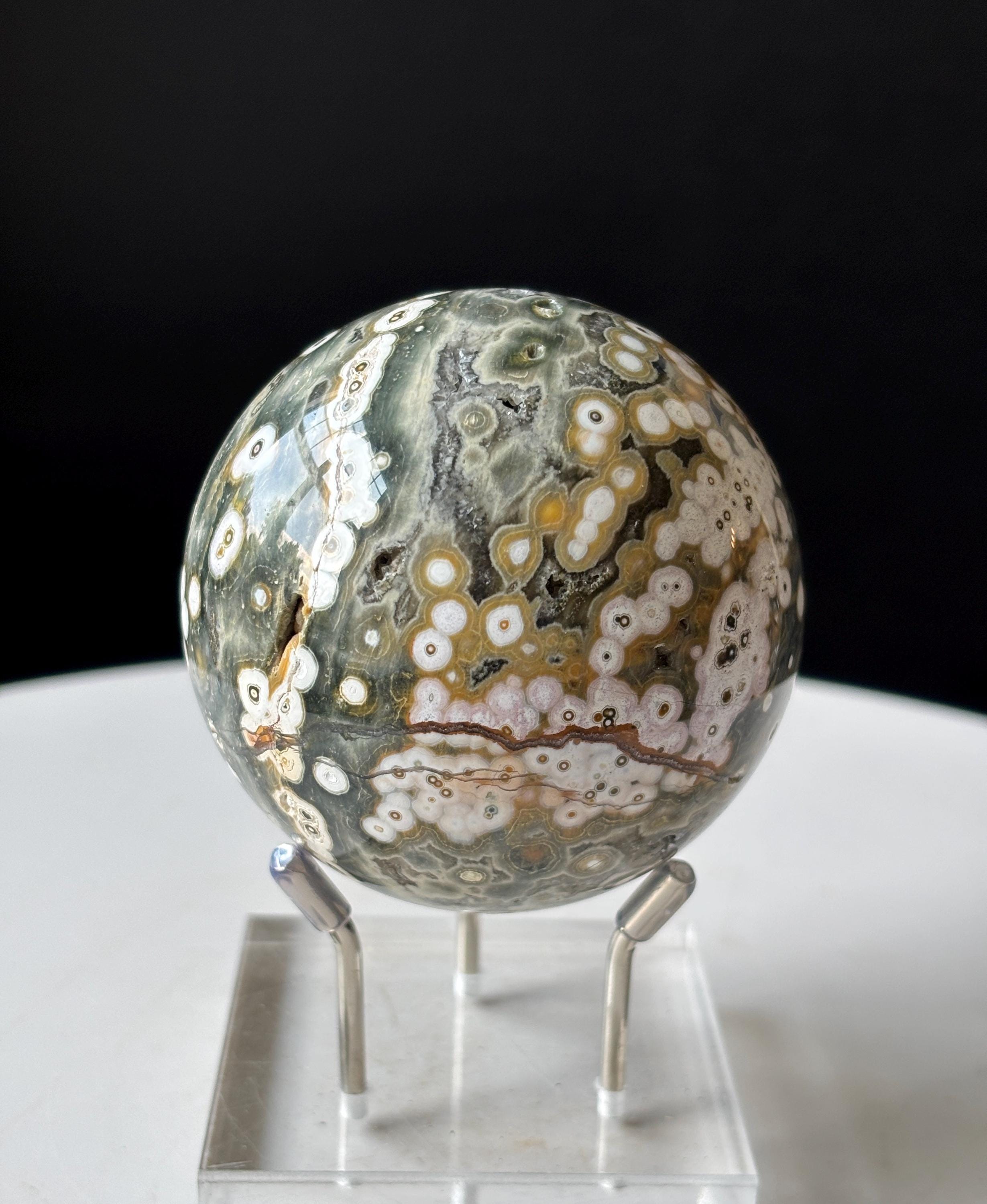 Druzy Ocean Jasper Crystal Sphere: Eighth Vein Orbicular Pattern