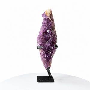May include: A tall, vertical amethyst crystal cluster featuring deep purple, multifaceted points and a lighter, brownish-white base. The mineral specimen is securely held in an upright position by a black metal display stand.