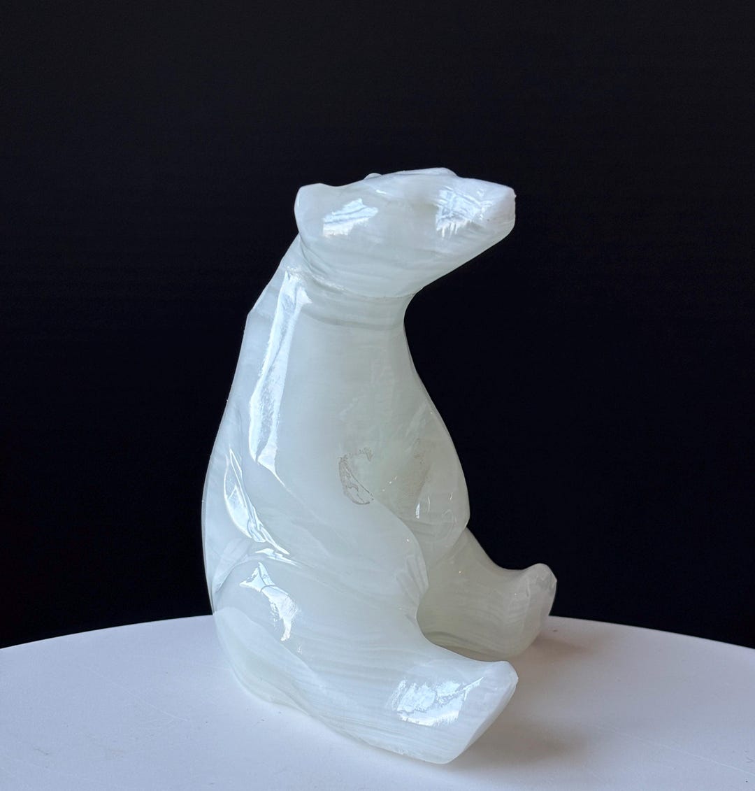 Hand Carved White Onyx Sitting Bear: UV Reactive Banded Stone