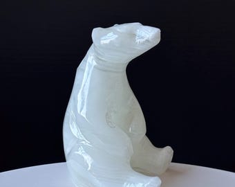 Hand Carved White Onyx Sitting Bear: UV Reactive Banded Stone