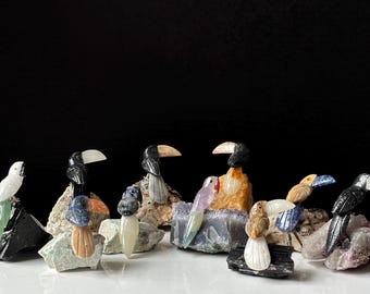 May include: A collection of carved stone toucan bird figurines in various colors, including white, black, and shades of blue, orange, and purple. Each bird is perched on a small stone base, with a black background.