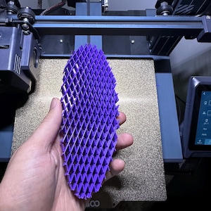 May include: A purple 3D printed object with a honeycomb pattern. The object is being held in a person's hand.