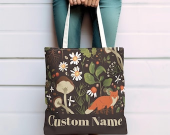 Personalized Cottagecore Tote Bag, Woodland Tote Bag Personalized Gift, Fox and Mushroom Retro Aesthetic, Eco-Friendly Gift for Nature Lover