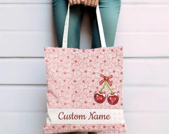 Retro Cherry Personalized Tote Bag – Customized School Tote for Teacher, Girlfriend Holiday Gift, Cute Stocking Stuffer, Cherry Blossom