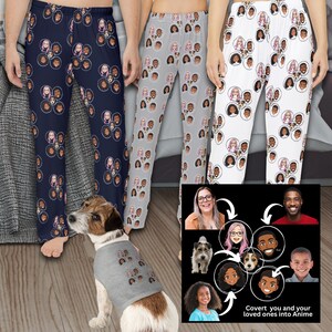 Personalized Pajama Set for Matching Family Pajama Pants Shirt, Custom Portrait in Anime Face Lounge Wear for Anime Lover Gift for Pet Owner