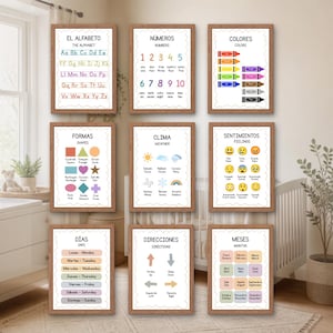 Puede incluir: Un conjunto de nueve pósteres educativos en marcos de madera, con tablas bilingües en inglés y español para el alfabeto, números, colores, formas, clima, sentimientos, días de la semana, direcciones y meses del año.