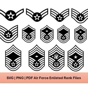 Puede incluir: Ilustraciones en blanco y negro de los diferentes rangos para el personal alistado de la Fuerza Aérea de los Estados Unidos. Se incluyen archivos SVG, PNG y PDF.