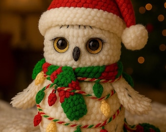 May include: A handmade owl figure, crocheted in white, wearing a red and white Santa hat and a green and red scarf with decorative lights. Text reads: "There is Christmas magic in the quiet moments."