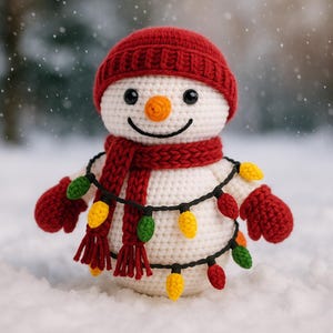 Puede incluir: Un muñeco de nieve tejido a ganchillo con gorro, bufanda y mitones rojos. El muñeco de nieve tiene una nariz de zanahoria, ojos negros y una boca sonriente. Está adornado con una guirnalda de luces navideñas, ideal para la decoración festiva.