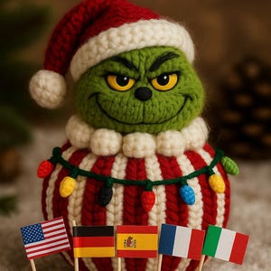 May include: A crocheted Grinch figure in a Santa hat and a red and white striped outfit, decorated with colourful lights. The image includes flags of the USA, Germany, Spain, France, and Italy. Text reads "Pattern available in 5 LANGUAGES" and "www.crochix.com".