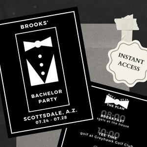 Plantilla editable de itinerario para despedida de soltero / Elegante esmoquin en blanco y negro / Itinerario minimalista imprimible de descarga instantánea para eventos modernos