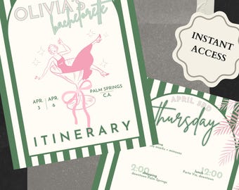 Tropical Bachelorette Itinerary Template: Pink & Green Palm Design (Digital Download, Editable in Canva)