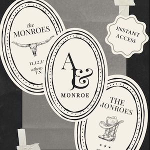 May include: A collage of cream-colored oval stickers with black text and illustrations. The stickers read "The Monroes," "A&M Monroe," and "Athens, T.N." with a steer skull, a cowboy boot, and the words "Instant Access" on a tag.