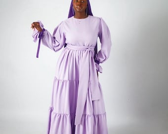 Vestido largo de algodón lila con pañuelo de gasa - Eid Modest Fashion