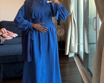 Vestido abaya largo azul de algodón con bufanda de gasa - Moda modesta para mujeres musulmanas
